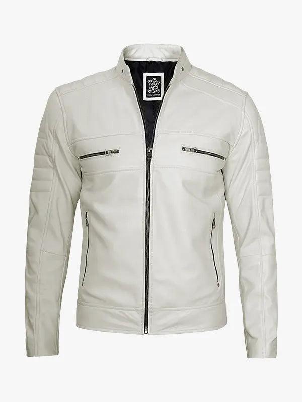 Stylish Off White Men s Caf Racer Leather Motorcycle Jacket