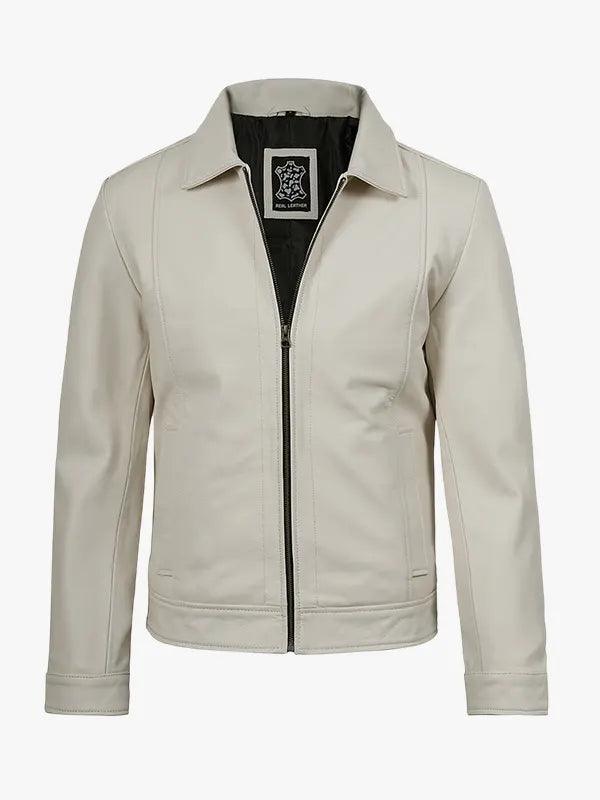 Stylish Off White Men s Shirt Collar Leather Harrington Jacket