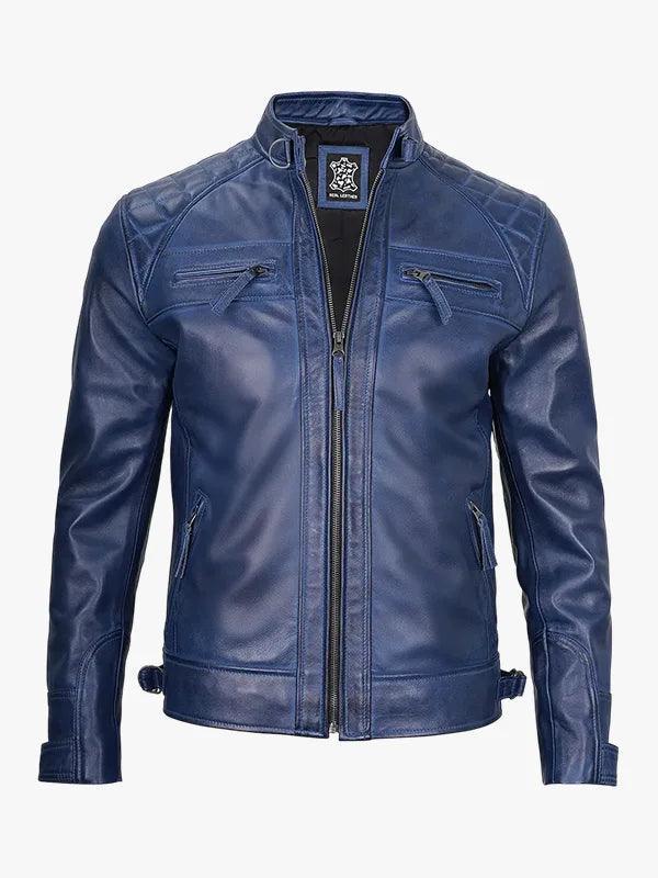 Waxed Quilted Shoulder Caf Racer Leather Blue Jacket Men s