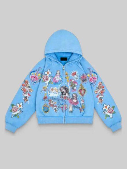 We Are Righteous Risen King Cropped Zip Up Hoodie Blue