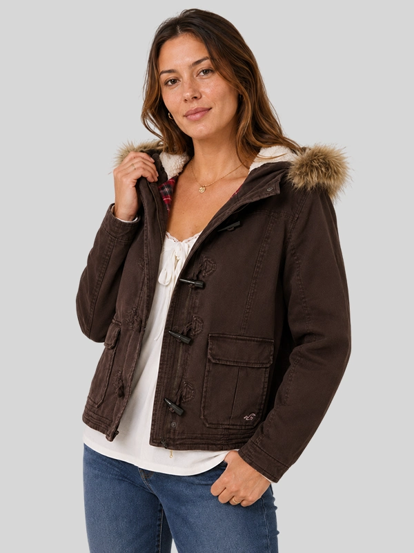 Women Hollister Vault Release Twill Faux Fur Trim Hooded Bomber Jacket