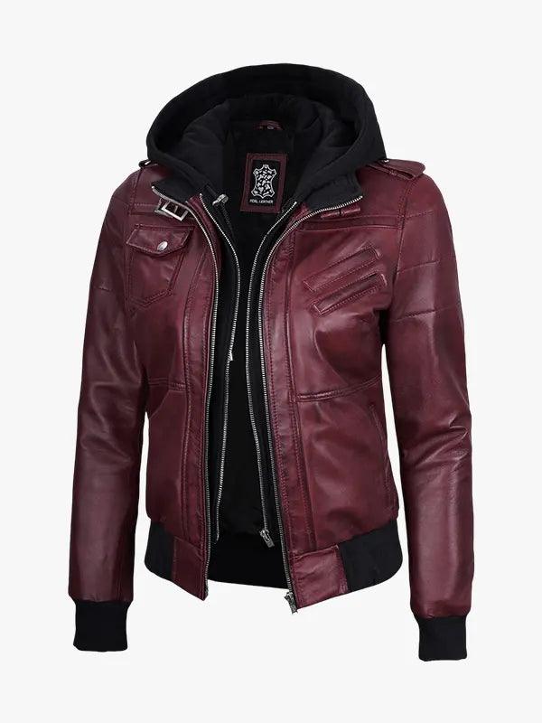 Women Burgundy Leather Hooded Jacket