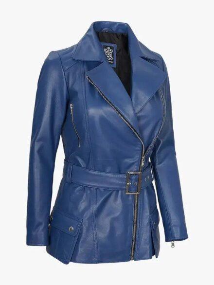 Women s Asymmetrical Blue Belted Moto Leather Jacket With Shirt Style Collar