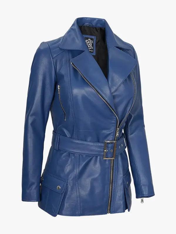 Women s Asymmetrical Blue Belted Moto Leather Jacket With Shirt Style Collar