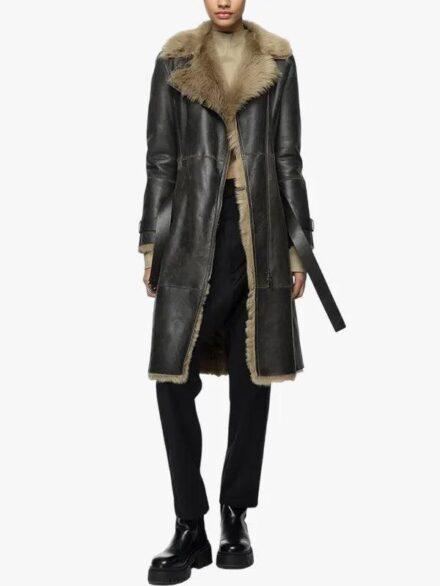 Women s Belted Shearling Leather Trench Coat