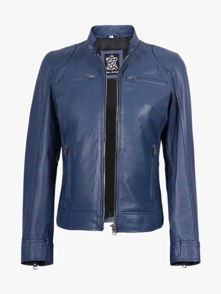Women s Blue Biker Style Leather Jacket