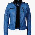 Women s Blue Waxed Biker Leather Jacket