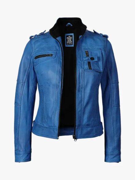 Women s Blue Waxed Biker Leather Jacket