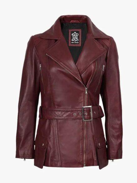 Women s Burgundy Asymmetrical Leather Biker Jacket