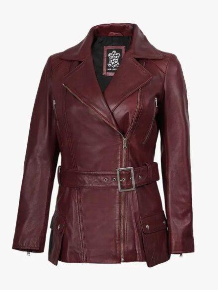 Women s Burgundy Asymmetrical Real Leather Biker Jacket