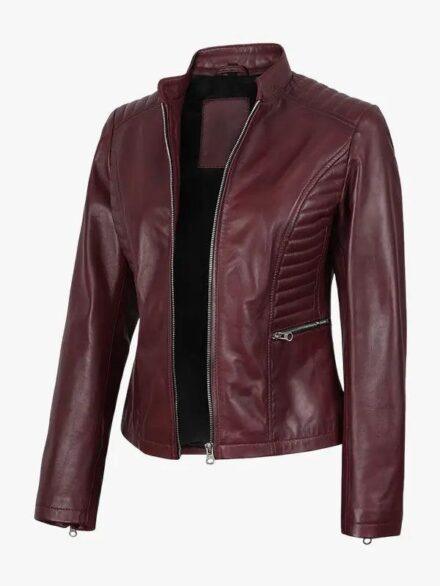 Women s Burgundy Leather Cafe Racer Jacket