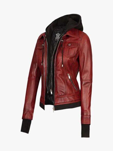 Women s Burgundy Leather Hooded Jacket