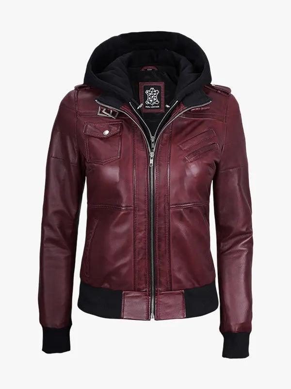 Women s Burgundy Leather Jacket Hood