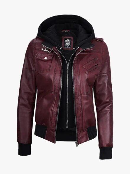 Women s Burgundy Leather Jacket With Hooded