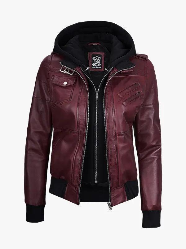 Women s Burgundy Leather Jacket With Hooded