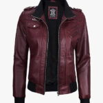 Women s Burgundy Leather Jacket with Removable Hood