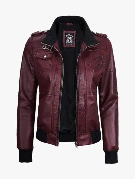 Women s Burgundy Leather Jacket with Removable Hood