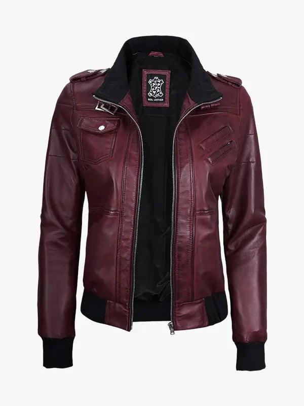Women s Burgundy Leather Jacket with Removable Hood