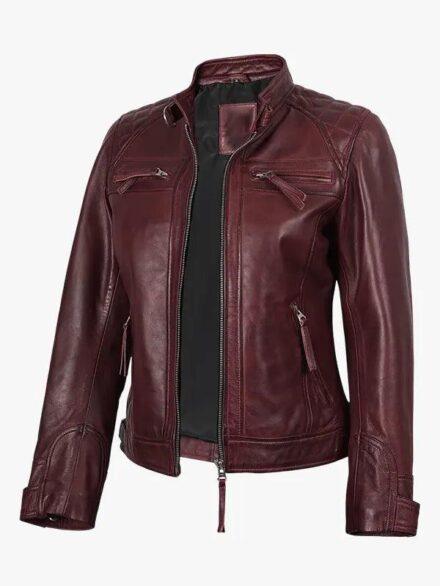 Women s Burgundy Real Lambskin Biker Style Jacket