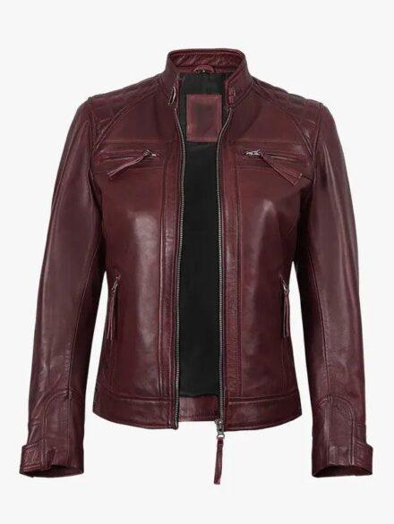 Women s Burgundy Real Lambskin Leather Biker Style Jacket