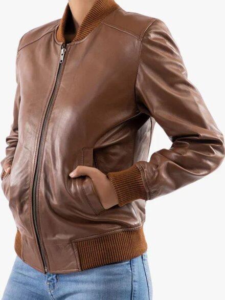 Women s Classic Baseball Cognac Leather Bomber Style Jacket