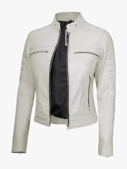 Women s Genuine Off White Leather Biker Jacket