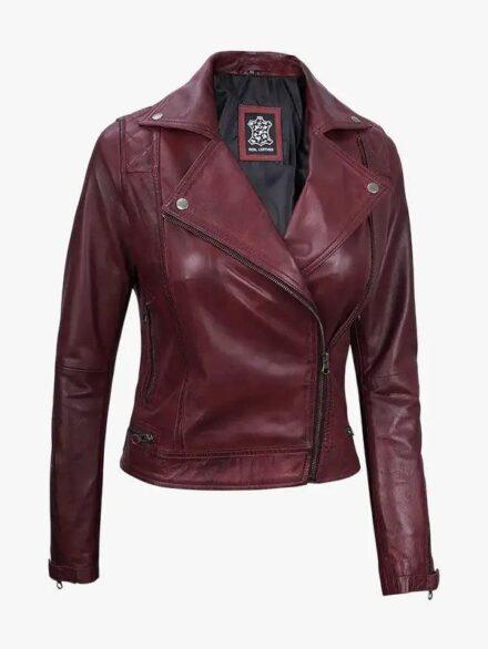 Women s Kimberley Leather Moto Burgundy Jacket