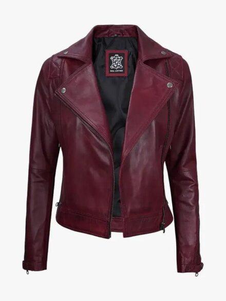 Women s Kimberley Leather Motorcycle Burgundy Jacket