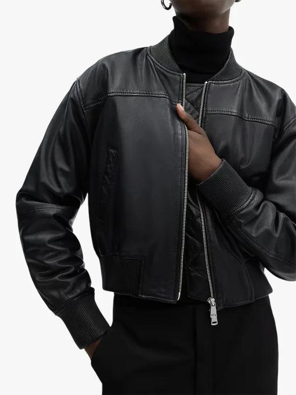 Women s Mango Outlet Black Leather Bomber Jacket