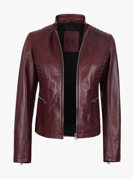 Women s Maroon Leather Cafe Racer Jacket