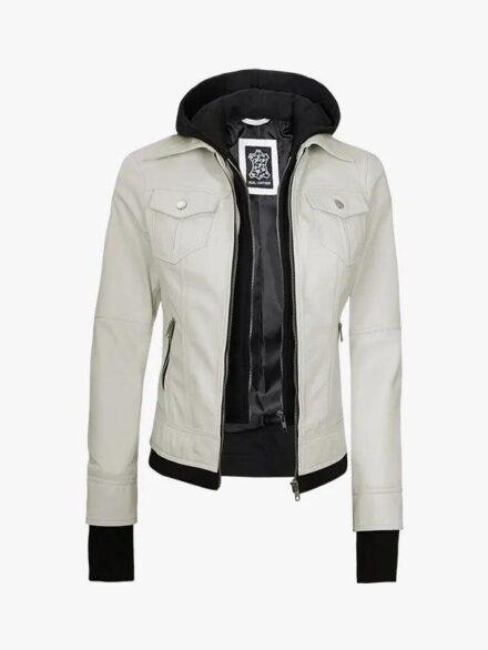 Women s Off White Leather Removable Hood Jacket