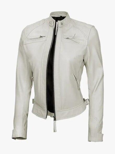 Women s Off White Quilted Leather Biker Jacket