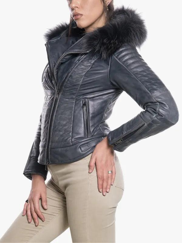 Women s Real Leather Down Jacket in Vintage Blue Lasmara