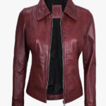 Women s Shirt Collar Burgundy Leather Jacket