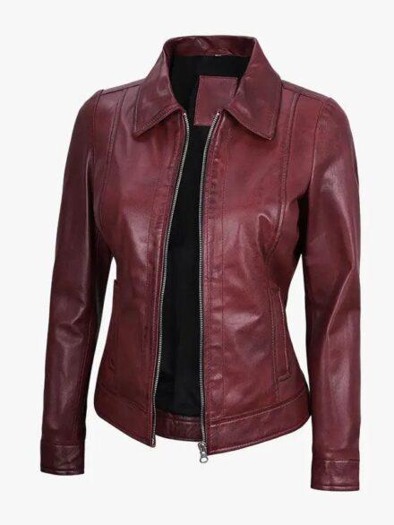 Women s Shirt Collar Maroon Leather Jacket
