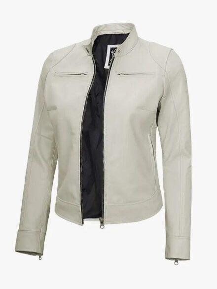 Women s Slim Fit Off White Caf Racer Leather Jacket
