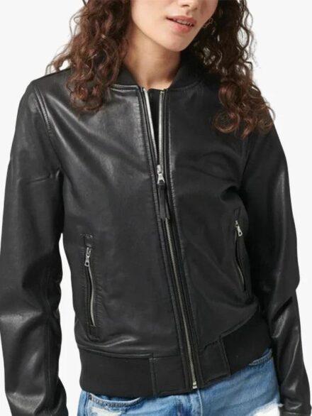 Women s Vanilla Black Leather Bomber Jacket