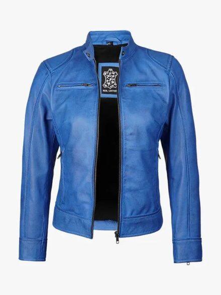 Women s Vivid Blue Waxed Moto Jacket