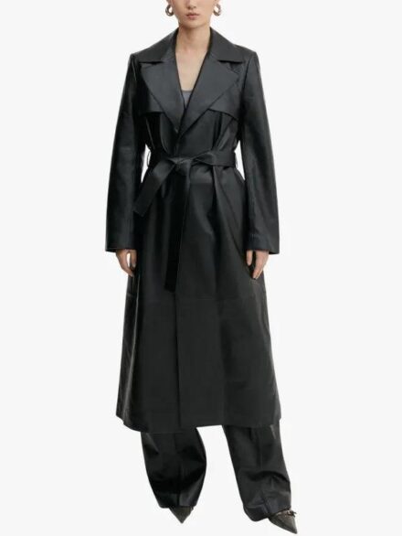 Women's Black Leather Long Trench Coat