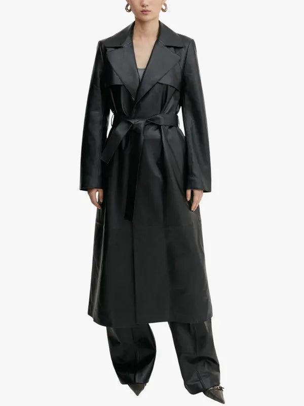 Women's Black Leather Long Trench Coat