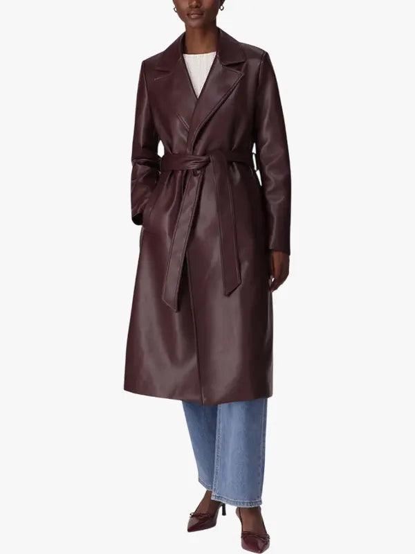 Women's Burgundy Leather Belted Coat