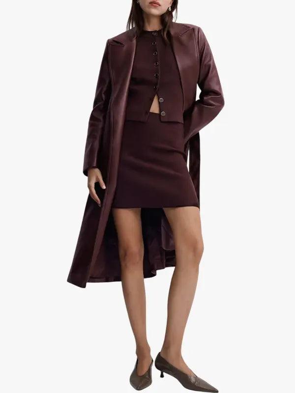 Women's Burgundy Leather Long Coat