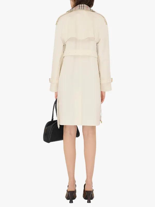 Women's Checked Collar Double-Breasted White Trench Coat