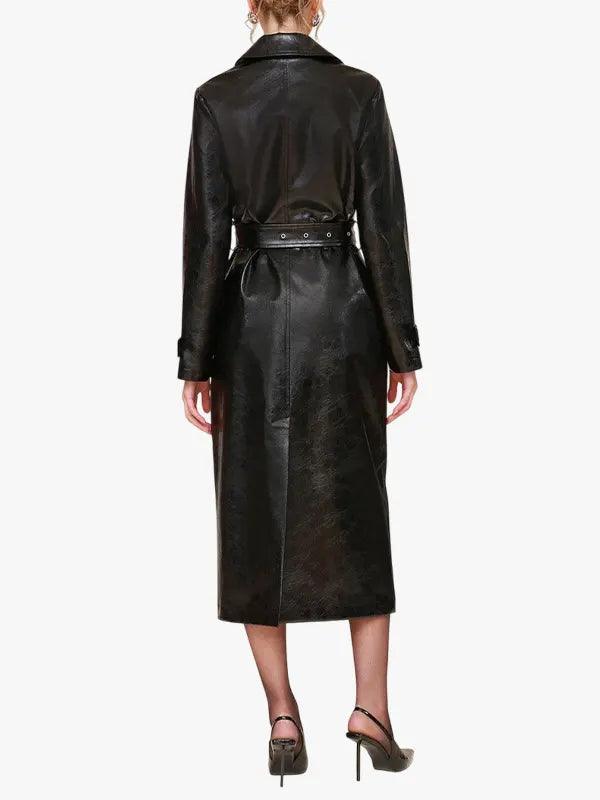 Women's Double Breasted Black Leather Long Coat