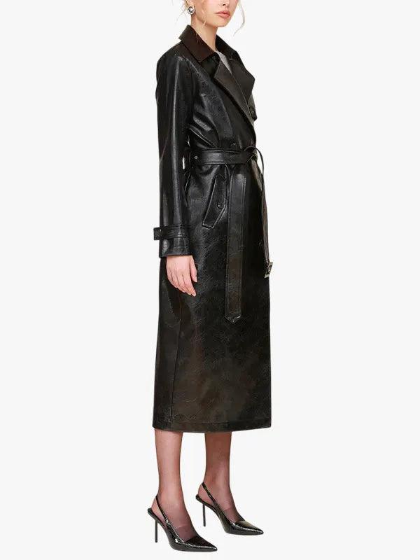 Women's Double Breasted Black Leather Trench Coat