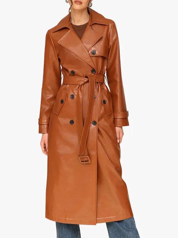 Women's Double Breasted Brown Leather Belted Trench Coat