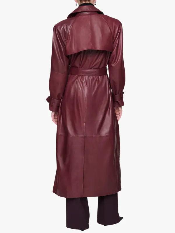 Women's Double-Breasted Burgundy Leather Long Coat
