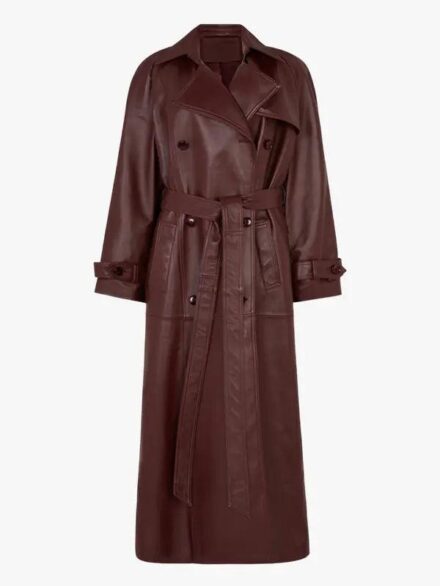 Women's Double-Breasted Burgundy Leather Trench Coat