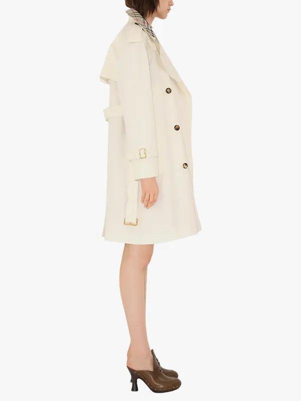 Women's Double-Breasted White Trench Coat with Plaid Collar