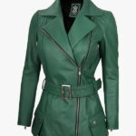 Womens Green Belted Biker Zipper Jacket